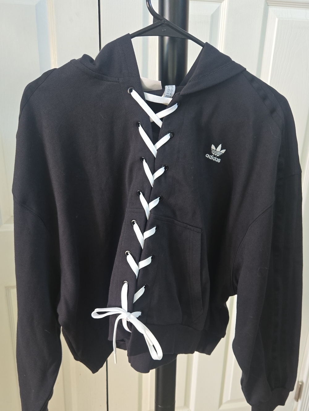 adidas Black Hoodie Sweater with White Lace-Up Detail